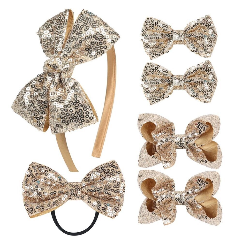 Sequin Grosgrain Bow Hair Accessories Set Gold 6-Piece Gift for Girls